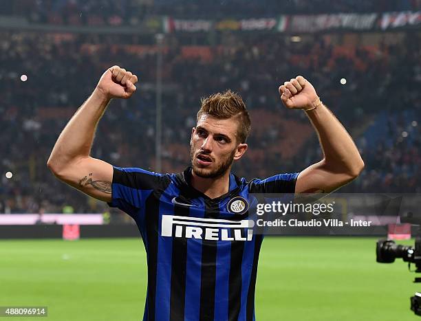 Davide Santon of FC Internazionale celebrates at the end of the Serie A match between FC Internazionale Milano and AC Milan at Stadio Giuseppe Meazza...