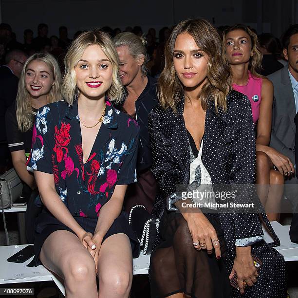 Actresses Bella Heathcote and Jessica Alba attend the Thakoon fashion show during Spring 2016 New York Fashion Week at SIR Stage37 on September 13,...