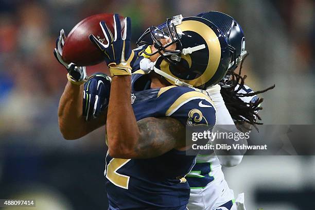 Stedman Bailey of the St. Louis Rams makes a catch in overtime against the Seattle Seahawks at the Edward Jones Dome on September 13, 2015 in St....