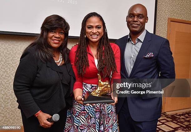 Chaz Ebert, director Ava DuVernay and TIFF Artistic Director Cameron Bailey attend the Ebert Tribute Lunch in honour of Ava DuVernay during the 2015...