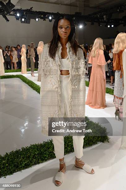 Model poses during the Rachel Zoe Presentation Spring 2016 during New York Fashion Week: The Shows at The Space, Skylight at Clarkson Sq on September...