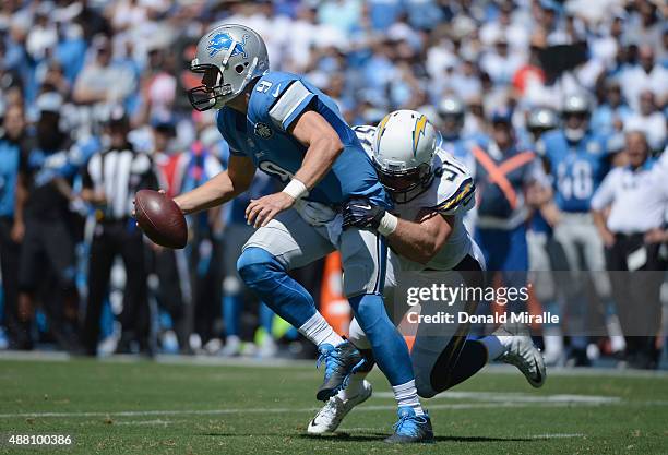 Linebacker Kyle Emanuel of the San Diego Chargers sacks quarterback Matthew Stafford of the Detroit Lions at Qualcomm Stadium on September 13, 2015...