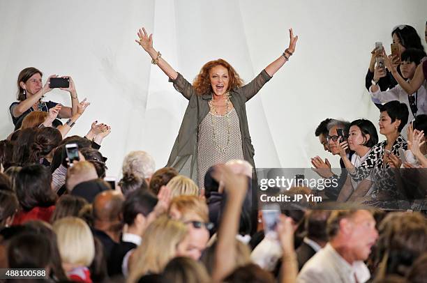 Designer Diane Von Furstenberg walks the runway at the Diane Von Furstenberg Spring 2016 fashion show during New York Fashion Week at Spring Studios...