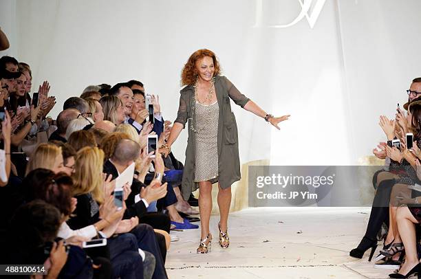 Designer Diane Von Furstenberg walks the runway at the Diane Von Furstenberg Spring 2016 fashion show during New York Fashion Week at Spring Studios...