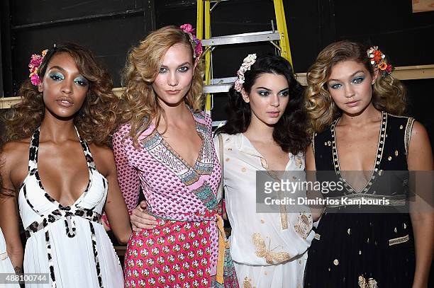 Models Jourdan Dunn, Karlie Kloss, Kendall Jenner and Gigi Hadid pose backstage at the Diane Von Furstenberg Spring 2016 fashion show during New York...