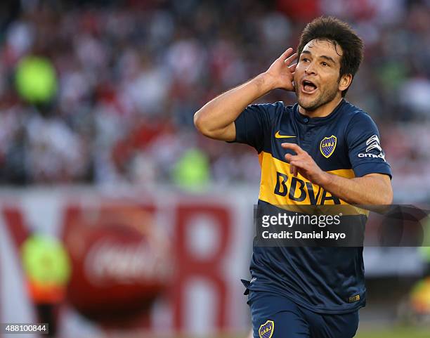 Nicolas Lodeiro, of Boca Juniors, celebrates after scoring the opening goal during a match between River Plate and Boca Juniors as part of 24th round...