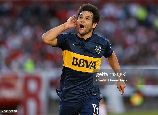 Nicolas Lodeiro, of Boca Juniors, celebrates after scoring the opening goal during a match between River Plate and Boca Juniors as part of 24th round...