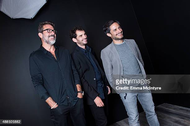 Jeffrey Dean Morgan, Jonas Cuaron, and Gael Garcia Bernal of 'Desierto' pose for a portrait with Jeff Vespa in the Guess Portrait Studio at the...