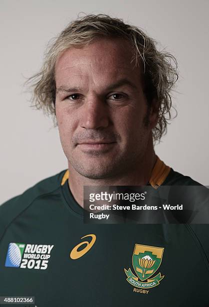 Jannie Du Plessis of South Africa poses for a portrait during the South Africa Rugby World Cup 2015 squad photo call at the Grand Hotel on September...