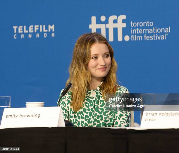 Actress Emily Browning speaks onstage during the 'Legend' press conference at TIFF Bell Lightbox on September 13, 2015 in Toronto, Canada.