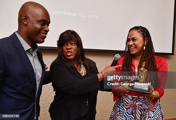 Artistic Director Cameron Bailey, Chaz Ebert and director Ava DuVernay attend the Ebert Tribute Lunch in honour of Ava DuVernay during the 2015...