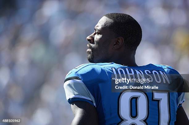 Wide receiver Calvin Johnson of the Detroit Lions stands on the sidelines while playing the San Diego Chargers at Qualcomm Stadium on September 13,...