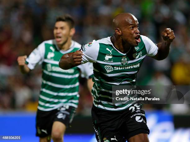 Ribair Rodriguez celebrates after scoring the second goal of his team during the Quarterfinal second leg match between Santos Laguna and America as...