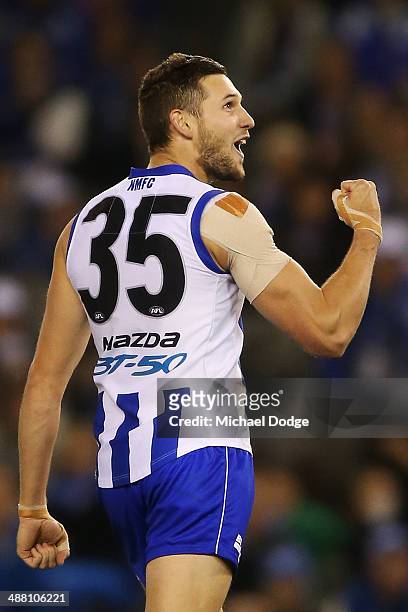 Aaron Black of the Kangaroos celebrates a goal during the round seven AFL match between the North Melbourne Kangaroos and the Gold Coast Suns at...