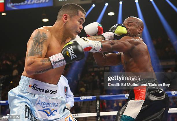 Floyd Mayweather Jr. And Marcos Maidana during their WBA/WBC welterweight unification fight at the MGM Grand Garden Arena on May 3, 2014 in Las...