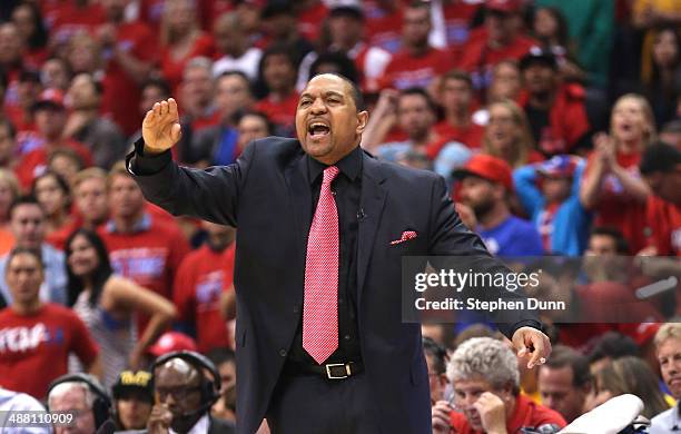 Head coach Mark Jackson of the Golden State Warriors shouts instructions in the game with the Los Angeles Clippers in Game Seven of the Western...