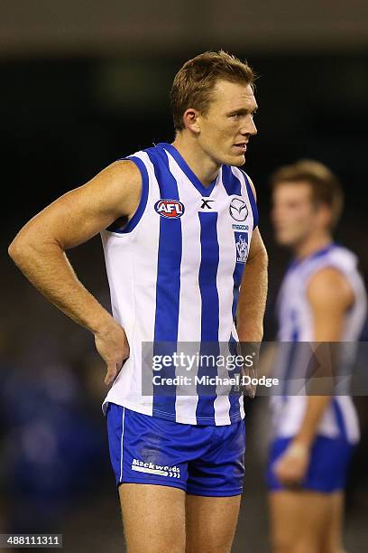 Drew Petrie of the Kangaroos looks on after their defeat during the round seven AFL match between the North Melbourne Kangaroos and the Gold Coast...