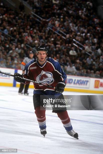 Adam Deadmarsh of the Colorado Avalanche skates on the ice during an NHL game against the Philadelphia Flyers on October 28, 1999 at the Wells Fargo...