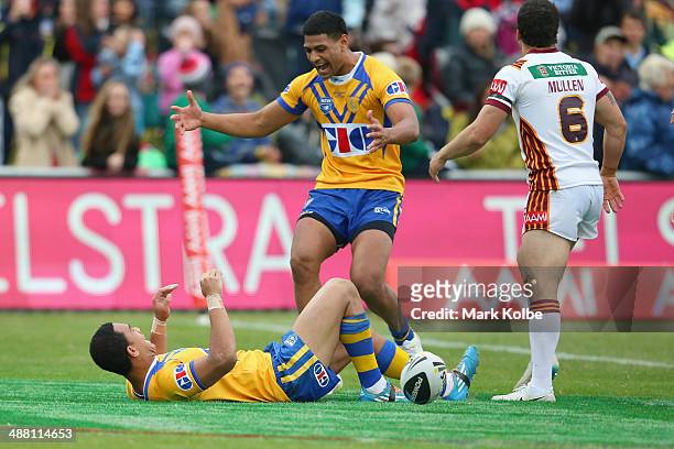 Will Hopoate of City celebrates with Daniel Tupou of City after scoring a try in the last minute of the match during the Origin match between City...