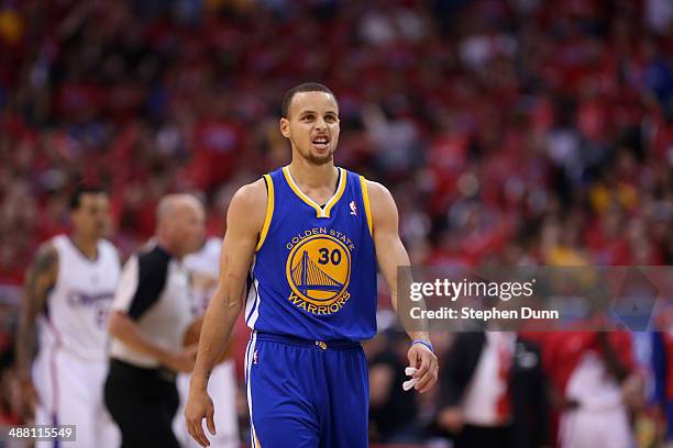 Stephen Curry of the Golden State Warriors walks on the court against the Los Angeles Clippers in Game Seven of the Western Conference Quarterfinals...