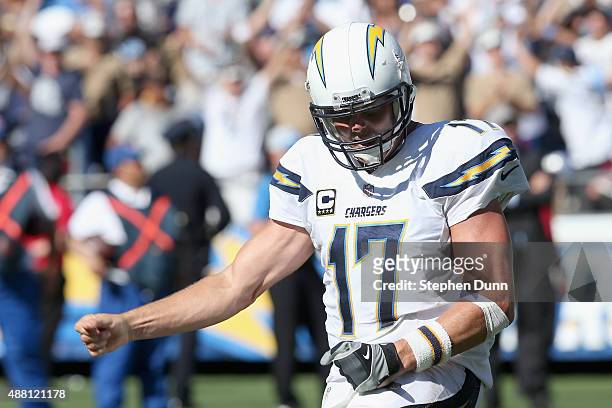 Quarterback Philip Rivers of the San Diego Chargers celebrates after a touchdown against the Detroit Lions at Qualcomm Stadium on September 13, 2015...