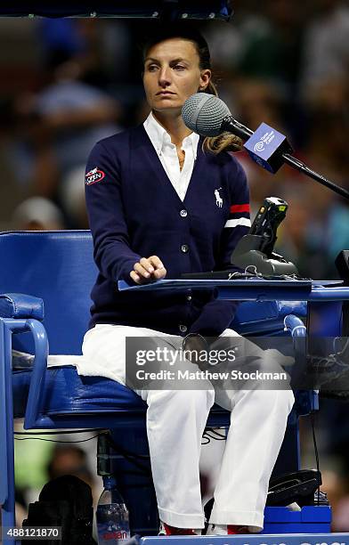 Chair Umpire Eva Asderaki-Moore looks on during the Men's Singles Final match between Roger Federer of Switzerland and Novak Djokovic of Serbia on...