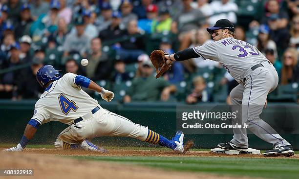 Ketel Marte of the Seattle Mariners is doubled off of first by first baseman Justin Morneau of the Colorado Rockies on a fly ball out off the bat of...