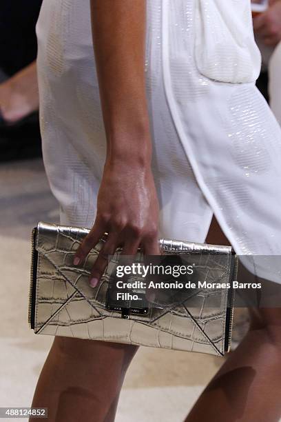 Model walks the runway, detail, during Diane Von Furstenberg as a part of Spring 2016 New York Fashion Week at Spring Studios on September 13, 2015...