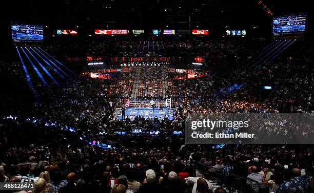 General view of the ring as Floyd Mayweather Jr. And Marcos Maidana battle during their WBC/WBA welterweight unification fight at the MGM Grand...