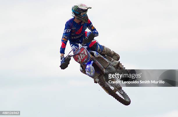 Romain Febvre of France and Yamaha Factory Racing Yamalube jumps to celebrate the first place during the Day 2 of the MXGP Leon 2015 at Parque...