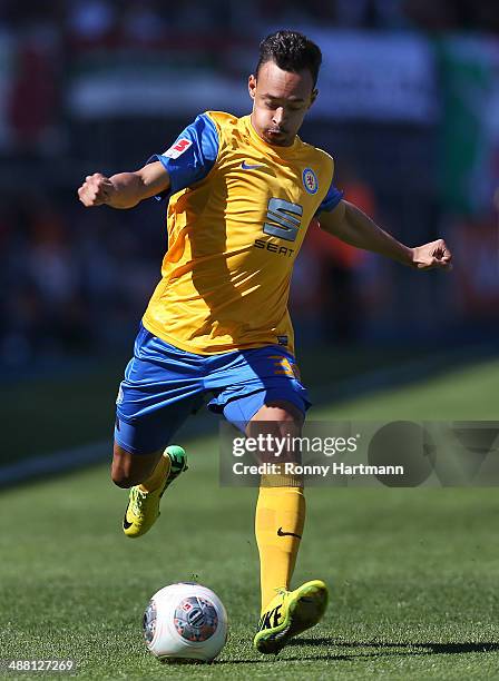 Karim Bellarabi of Braunschweig runs with the ball during the Bundesliga match between Eintracht Braunschweig and FC Augsburg at Eintracht Stadion on...