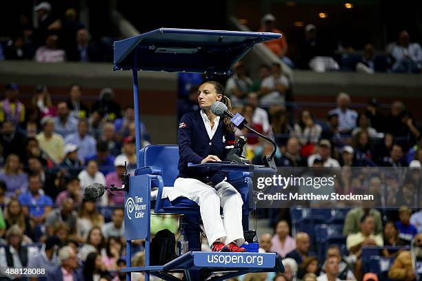 Chair Umpire Eva Asderaki-Moore looks on during the Men's Singles Final match between Roger Federer of Switzerland and Novak Djokovic of Serbia on...