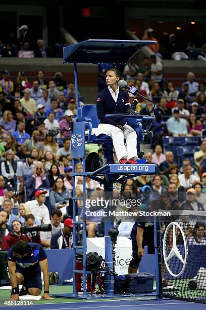 Chair Umpire Eva Asderaki-Moore looks on during the Men's Singles Final match between Roger Federer of Switzerland and Novak Djokovic of Serbia on...