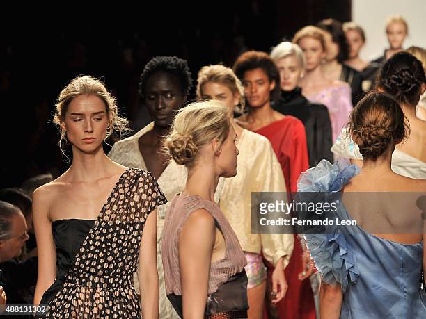Models walk the runway wearing Vivienne Hu Spring 2016 during New York Fashion Week: The Shows at Art Beam on September 13, 2015 in New York City.