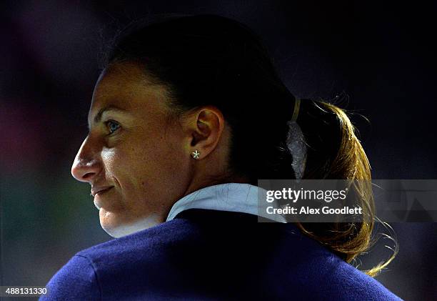 Chair Umpire Eva Asderaki-Moore looks on during the Men's Singles Final match between Roger Federer of Switzerland and Novak Djokovic of Serbia on...