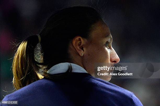 Chair Umpire Eva Asderaki-Moore looks on during the Men's Singles Final match between Roger Federer of Switzerland and Novak Djokovic of Serbia on...