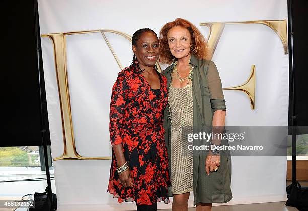 New York City's First Lady, Chirlane McCray and fashion designer Diane Von Furstenberg pose backstage during Diane Von Furstenberg Spring 2016 New...