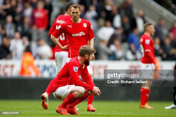 May 03: Cardiff City's Aron Gunnarsson and Magnus Eikrem look dejected after Cardiff City are relegated during the Barclays Premier League match...