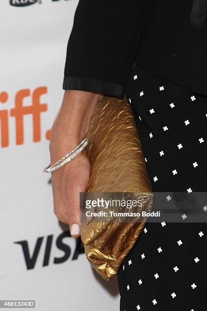 Actress Toni Collette, handbag details, attends the "Desierto" premiere during the 2015 Toronto International Film Festival held at The Elgin on...