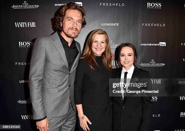 Actor Michael Shannon, VF Senior West Coast Editor Krista Smith and actress Ellen Page at the Vanity Fair toast of "Freeheld" at TIFF 2015 presented...