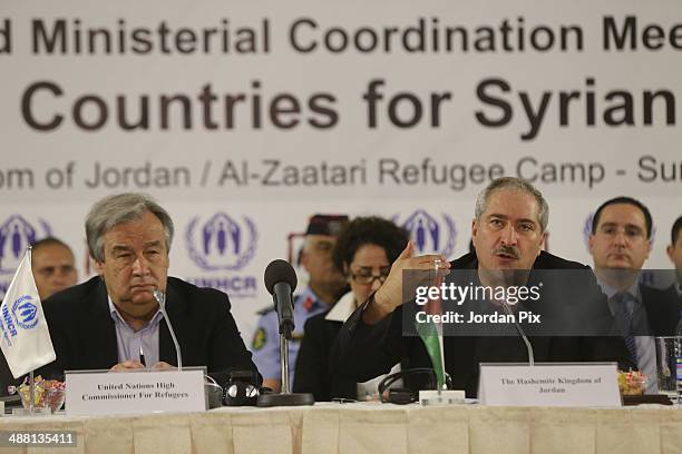 Jordanian foreign minister Nasser Judeh speaks next to Antonio Gutteres, the Hiigh Commissioner for Refugees during the third ministerial...