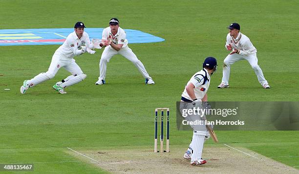 Alex Lees of Yorkshire is caught out by Phil Mustard of Durham during the LV County Championship match between Durham CCC and Yorkshire CCC at The...