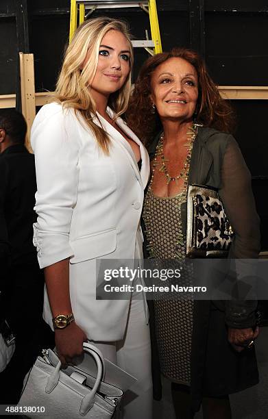 Model Kate Upton poses backstage with designer Diane Von Furstenberg during the Diane Von Furstenberg show at Spring 2016 New York Fashion Week at...