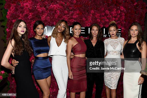 Models Kemp Muhl, Cris Urena, Jourdan Dunn, Adriana Lima, Christy Turlington, Gigi Hadid and Emily DiDonato attend Maybelline New York Celebrates New...