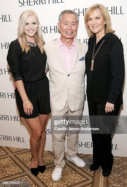 Katie Rose Clarke, George Takei and Sherri Hill backstage at the Sherri Hill Spring 2016 fashion show during New York Fashion Week at The Plaza Hotel...