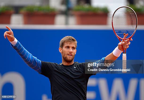 Martin Klizan of Slovakia celebrates winning the final against Fabio Fognini of Italy during the BMW Open on May 4, 2014 in Munich, Germany.