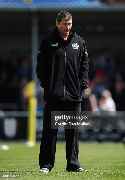 Exeter Chiefs Head Coach, Rob Baxter looks on ahead of the Aviva Premiership match between Exeter Chiefs and Harlequins at Sandy Park on May 4, 2014...