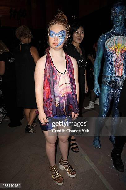 Model Madeline Stuart seen backstage of Hendrik Vermeulen show during Spring 2016 New York Fashion Week at Vanderbilt Hall at Grand Central Terminal...