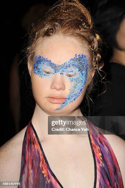 Model Madeline Stuart seen backstage of Hendrik Vermeulen show during Spring 2016 New York Fashion Week at Vanderbilt Hall at Grand Central Terminal...