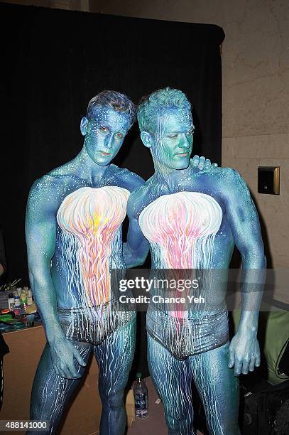 Models Jesse Pattison and Ben Pulchinski seen backstage of Hendrik Vermeulen show during Spring 2016 New York Fashion Week at Vanderbilt Hall at...